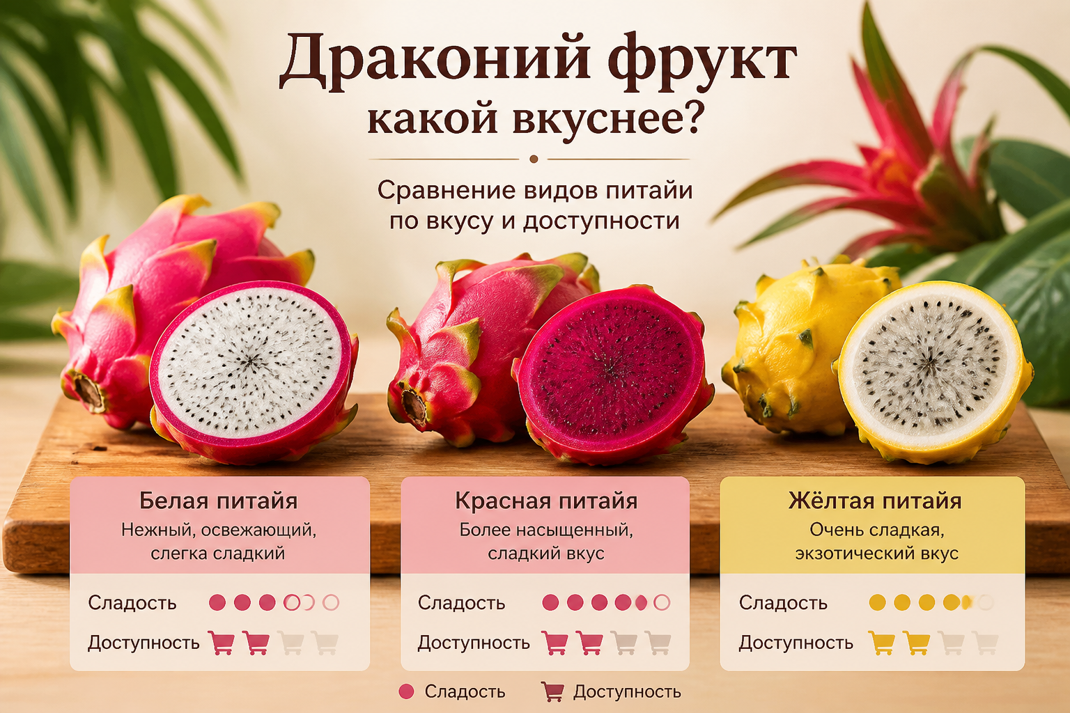Сравнение видов питайи по вкусу и доступности — иллюстрация к статье «драконий фрукт какой вкуснее»