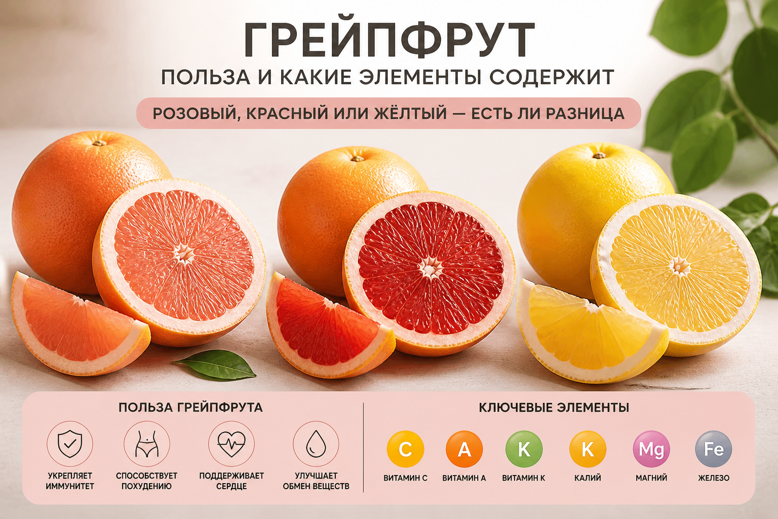 Розовый, красный или жёлтый — есть ли разница — иллюстрация к статье «грейпфрут поьза, какие элементы»