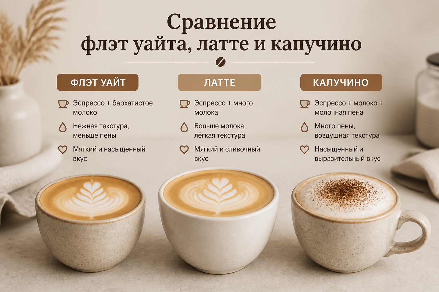 Сравнение флэт уайта, латте и капучино — иллюстрация к статье «Флэт уайт как приготовить»